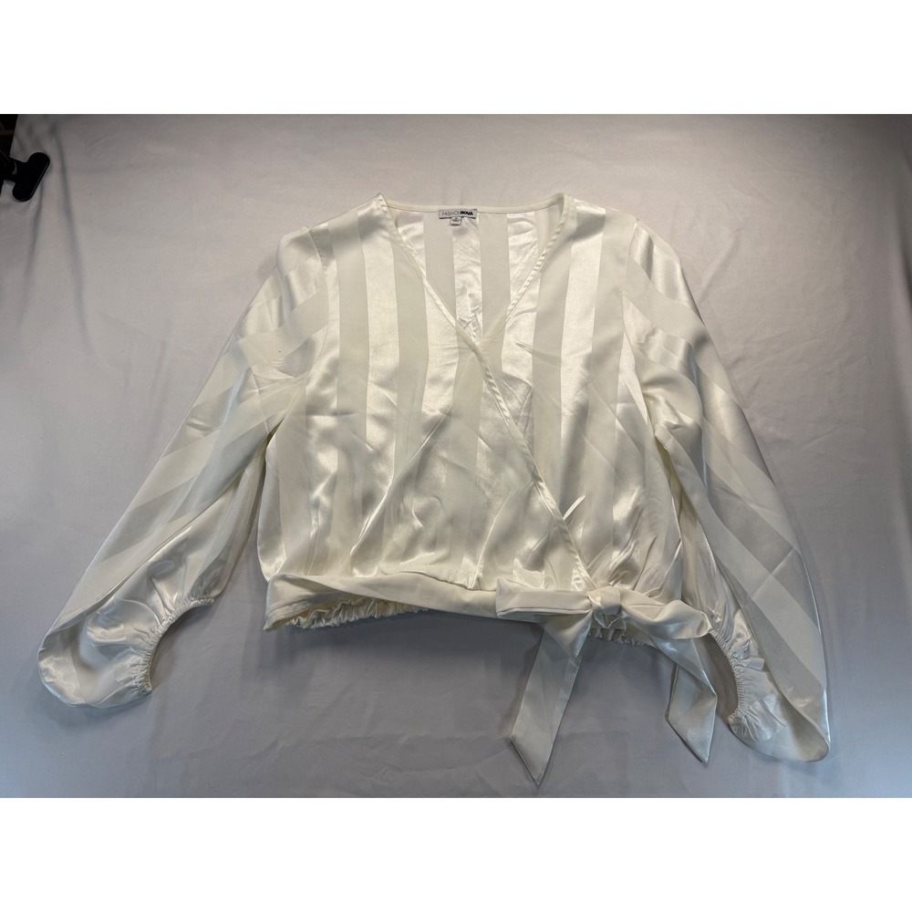 Fashion Nova Women 1X White Satin Striped Wrap Blouse Long Sleeve Tie Waist Top